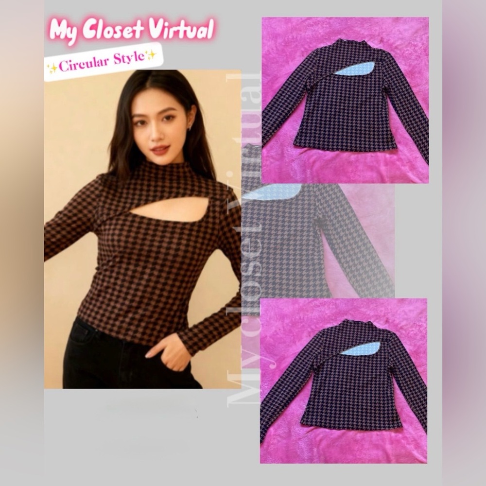 SHEIN Brown & Black Houndstooth Cutout Long-Sleeve Top